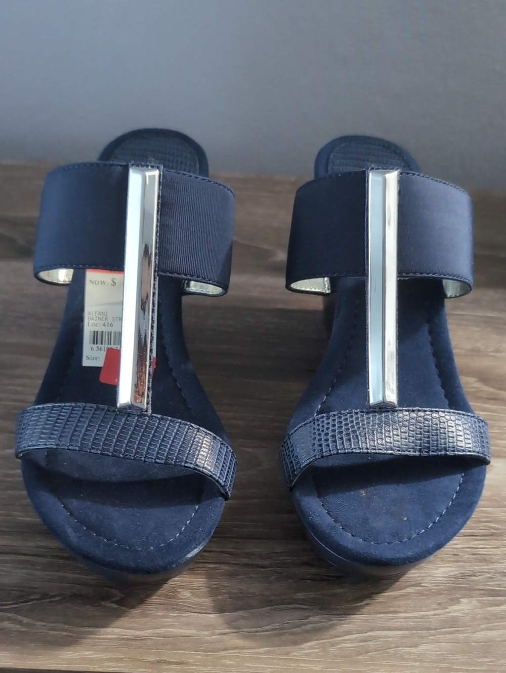 Womens Navy Blue Slide Sandals with Silver Accent